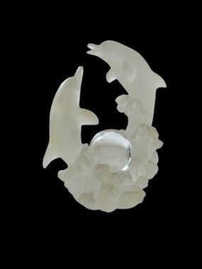 Playing Dolphins Frosted Glass Figurine 7.5" Ball Statue Riding Waves Sculpture
